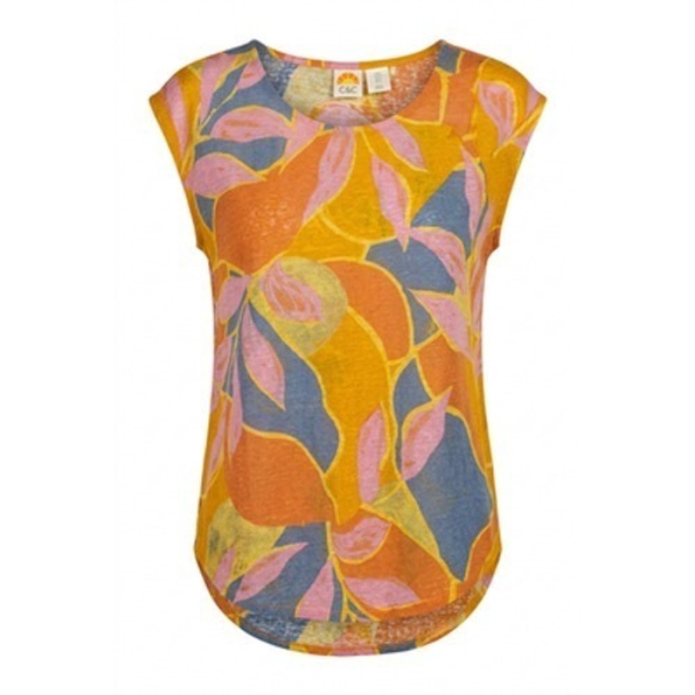 C&C California 100% Linen Top Women S Yellow Abstract Leaf Print Tee Vaca Resort